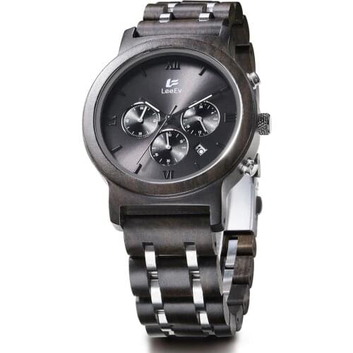 LeeEV Wooden Quartz Watch Men Luxury Vintage Wristwatch Timepiece Chronograph Date Display Watches For Men