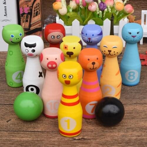 WOODEN MINI BOWLING BALL SET Cartoon animal shape ball game Kids outdoor sport toys for color digital cognition