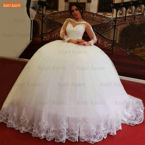 Dubai Long Sleeves Wedding Gown 2021 O Neck White Robe De Mariée Lace Up Beading Bride Dresses Arabic Women Vestido De Casamento