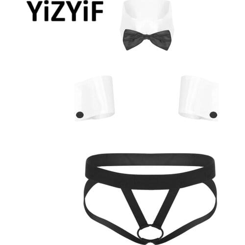 Men Open Butt Thongs Set Sexy String O-Ring Crotchless Homme Bikini Panties with Role Play Costume Collar Cuffs