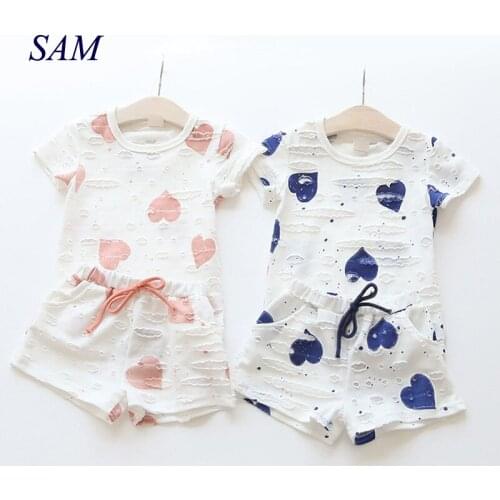 Baby Girls Clothes Sets 2021 Summer Heart Printed Girl Short Sleeve Tops Shirts + Shorts Casual Kids Childrens Clothing Suit