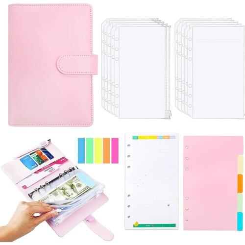 A6 Leather Binder Cash Envelopes Budget Wallet with Clear Zipper Pockets, Budget Paper Sheet, Paper Separator,Label Sticker