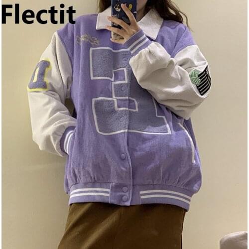 Flectit Women Bomber Jacket Color Block Oversized Collared Corduroy Varsity Jacket Coat Harajuku Y2K Aesthetic Streetwear