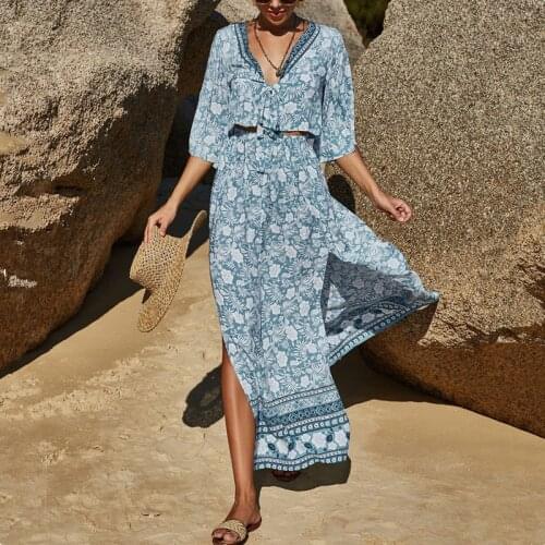 Summer Bohemia Sexy Two Piece Sets Sexy Outfit Suit Women Floral Crop Tops V Neck Half Sleeve Beach Boho Long Dress 2 Piece Sets