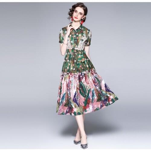 JSXDHK Runway Fashion Women Shirt Floral Colorful Chiffon Dress New Summer Stars Printed Lace Up Holiday Beach Mid-Calf Dress