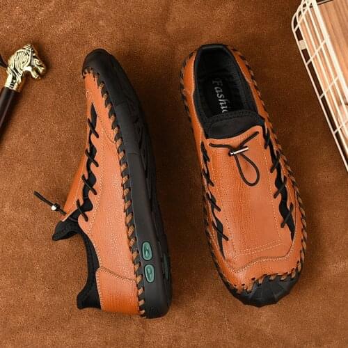 2021 New Mens Leather Shoes Luxury Brand Handmade Comfortable Breathable Flat Shoes Two-layer cowhide round-toe sewing shoes