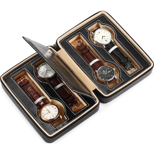 Top Brand Black Watch Box Storage Leather For 4 Slots Watches Zipper Case Holder Men Travel Organizer Display Gift Bag