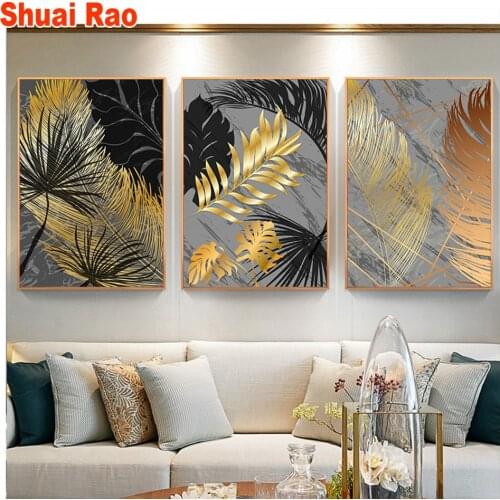Triptych"Golden Leaf Art Plant"Abstract art diamond painting kits,full lay diamond embroidery full square round drill mosaic