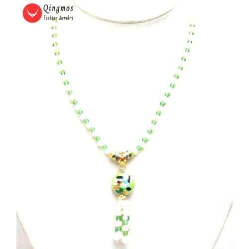 Qingmos Natural 5-6mm Round White Pearl Necklace for Women with Green Crystal & 18mm Cloisonne Pendant Necklace Jewelry Nec6327
