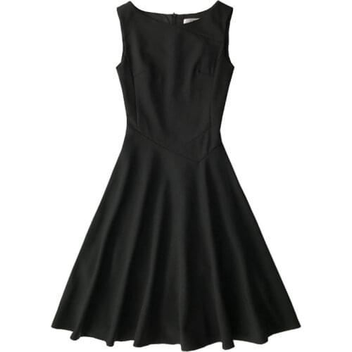 PERHAPS U Black O Neck Sleeveless Tank A Line Midi Dress Summer Solid Elegant Mid Calf D0478