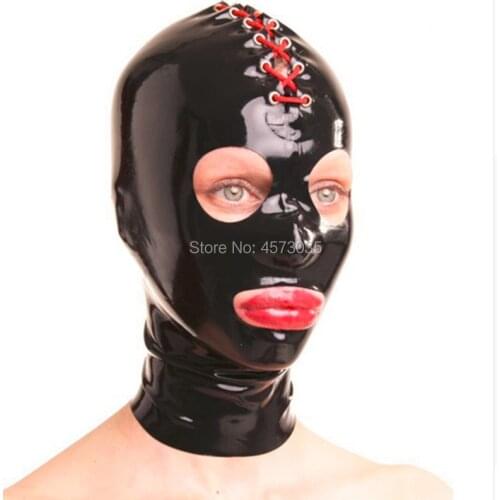 Handmade sexy lingerie exotic black latex unisex women men back red lacing hoods customize cekc zentai tight mask fetish uniform