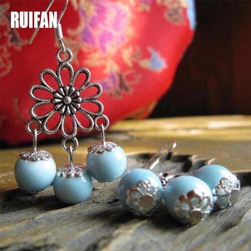 Ruifan Flower Tassel Chinese Vintage Sky Blue Ceramic Earrings Beads Women Drop Dangle Handmade Hook Earring Jewelry YEA277