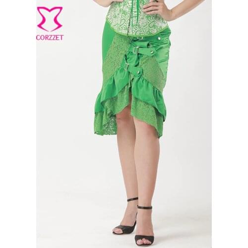 S-6XL Ruffle Green Satin and Floral Lace Asymmetrical Mid Skirt Women Plus Size Victorian Skirts Womens Matching Gothic Corset