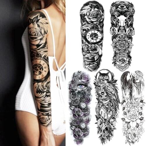 Sexy Flower Temporary Sleeve Tattoos For Women Men Tribal Owl Skeleton Tattoo Sticker Fake Wings Black Water Transfer Tatoos DIY