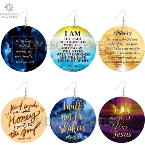 SOMESOOR I Love Jesus Christian Sayings Printed Wooden Drop Earrings Bible motto With God Glory Writings Loops For Women Gifts