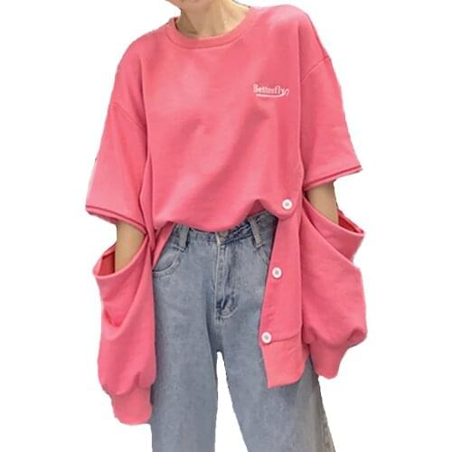 2020 Autumn Casual Oversized Hollow Out Long Sleeve Thin Sweatshirt Women O Neck Side Split Button Up Hoodie Street Fashion Top