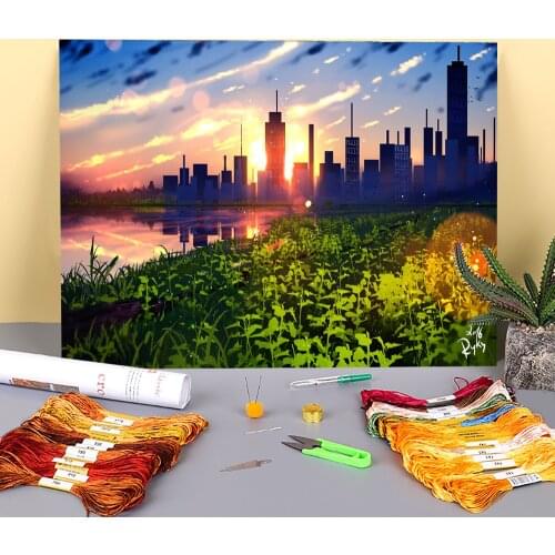 Scenery Life In The City Printed Fabric 11CT Cross-Stitch DIY Embroidery Full Kit DMC Threads Sewing Painting Design