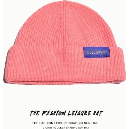 2021 New Autumn Winter Korea Fashion Cute Letter Label Knitted Hat for Woman Man Yellow Grey Pink Orange Green 10 Color Optional