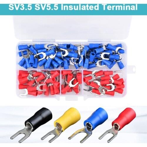 Fork Terminal Block Connector Set 100PCS/BOX SV3.5 SV5.5 Insulated Electrical Lug Crimping Wire Cable Trailer Joints AWG22-10
