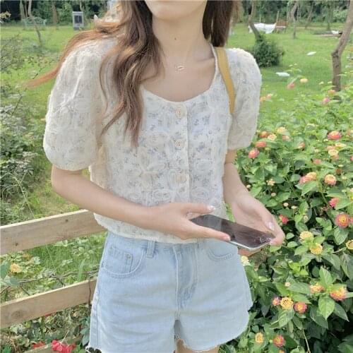 HziriP Korean Casual Square Collar Puff Sleeve Short Crochet Flower Ladies 2021 Gentle Summer New Chic Fashion All-Match Blouse