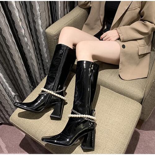 Women Hight Boots Fashion Leather Hight Heel Ladies Sexy Knee High Long Shoes Female Autumn Winter Beading Zip Footwear 2021