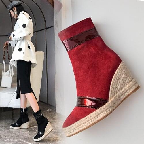 Female High Quality Faux Suede Ankle Boots Womens Hemp Rope Straw Platforms Wedges Boots Woman Autumn Fall Shoes Ladies Booties