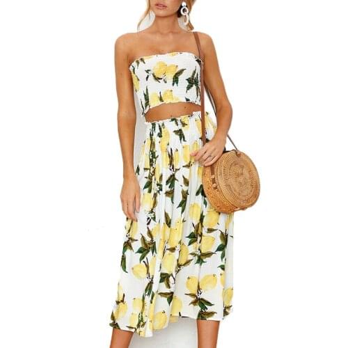Women Summer two-piece set Sexy Strapless Lemon sunflower Floral print Maxi Dress Sundress Boho Long Dresses
