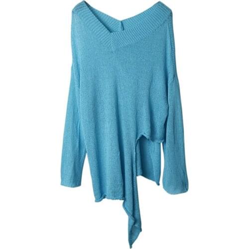 Knit Sweater Women Long Sleeve Split V-neck Loose Irregular Autumn Solid Color Sweater Womens Pullover Sexy Women Clothes