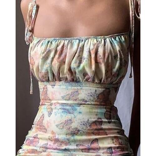 Women Summer Elegant Fashion Spaghetti Strap Butterfly Print Dress Lady Oversize Sexy Square Neck Mini Dress Plus Size Dress