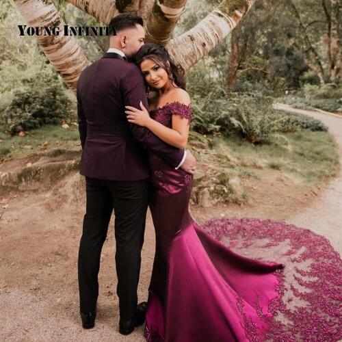 Purple Mermaid Evening Dress 2020 Long Elegant Prom Gowns Chaple Train Lace Applique V Neck Off Shoulder Custom Made Dubai Bride