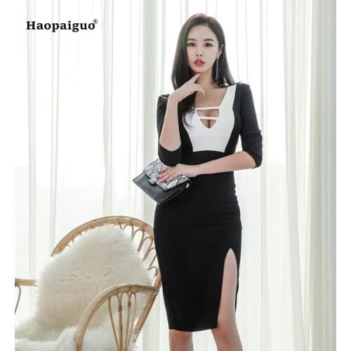 Plus Size Pencil Dress 2018 Spring Women Black Patchwork Half Sleeve V-neck Knee-length Vintage Party Dress Sexy Club Dresses