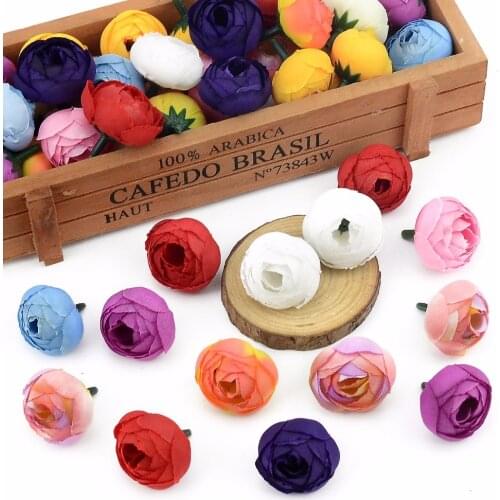 100pcs 2.5cm Mini Silk Rose Bud Artificial Flower Head For Wedding Home Decoration DIY Wreath Crafts Scrapbooking Fake Flowers