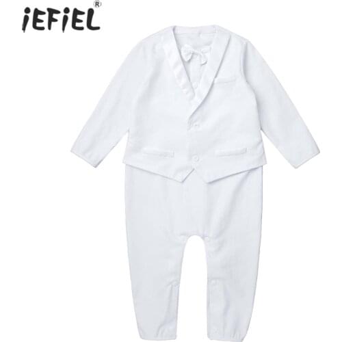 2021 Newborn Baby Boy Clothes Gentleman Suit 1st Birthday Romper Jumpsuit Infant Christening Outfit with Bow Tie Baptism Costume