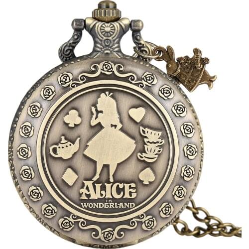 Alice In Wonderland Pocket Watch Girl Pattern Cover Clock Women Practical Alloy Slim Chain Pendant Watches relogio de bolso