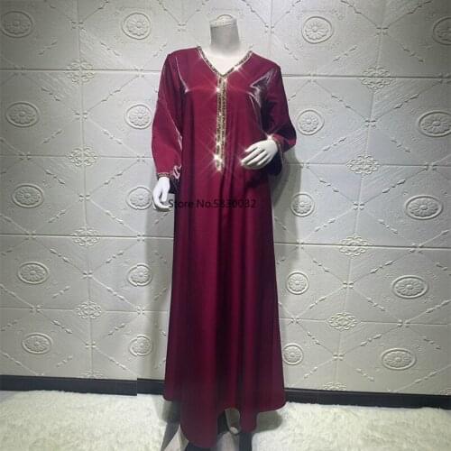 Satin Dubai Abaya Jalabiya Shiny Rhinestones V Neck Long Sleeve Islam Muslim Women Robe Party Dress Arab Turkey Moroccan Kaftan