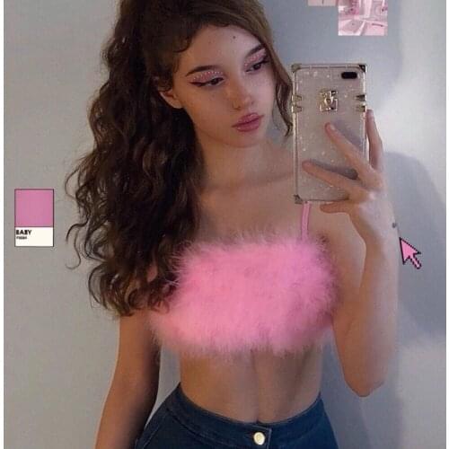 BKLD 2020 New Fashion Women Sexy Crop Tops Solid Summer Camisole Women Tank Tops Vest Sleeveless Fluffy Top Pink Clothing