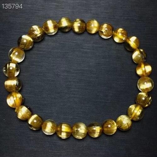 Brazil Natural Gold Rutilated Quartz Bracelet 7.5mm Clear Round Beads Women Men Fashion Big Size Bead Wealthy Stone AAAAAAA