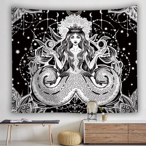 Black White Psychedelic Tapestry Mermaid Galaxia Wall Hanging Room Decoration Aesthetic Witchcraft Mandala Mythology Hippie Art