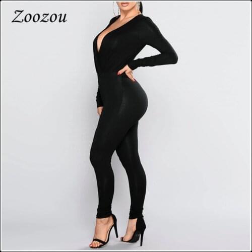 Black Sexy Deep V Neck Skinny Leg Jumpsuits Plus Size 4XL Long Sleeve Elastic Slim Rompers 2020 Women Bodycon Jumpsuits Custom