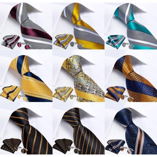 DiBanGu Men Ties 100% Silk Stripe Gold Blue Business Formal Necktie Handkershief Cufflinks Set Business Wedding Party Gravatas