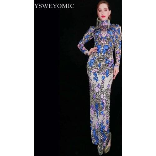 Blue Purple Rhinestone Flower Pattern Long Dress Birthday Prom Party Outfit Evening Women Dancer Singer Vintage Dress