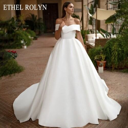 ETHEL ROLYN Ivory Elegant Satin Wedding Dress 2021 Off the Shoulder Button Simple Bride A-Line Wedding Gowns Vestido De Noiva