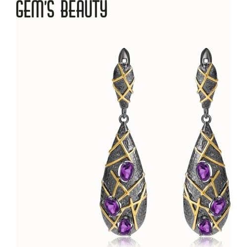 GEMS BEAUTY 925 Sterling Silver Pear Birthstone Earring For Women Natural Oval Cut Amethyst Earring Couple Romantic Gift