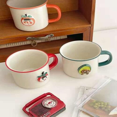 Mug Creative Ceramics Cute Vintage Relief Japanese Enamel Style Small Water Coffee Milk Couple Cup Cartoon Hand Painted Lovely