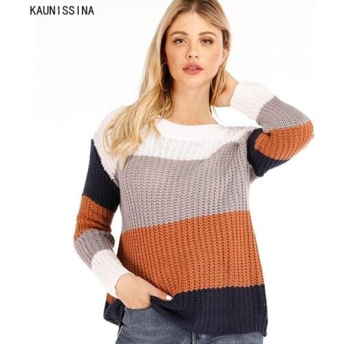 Soft Sweater Women Jumper V Neck Knitted Pullover Female Long Sleeve O-Neck Autumn Plus Size Knitwear Tops Rainbow Sweaters