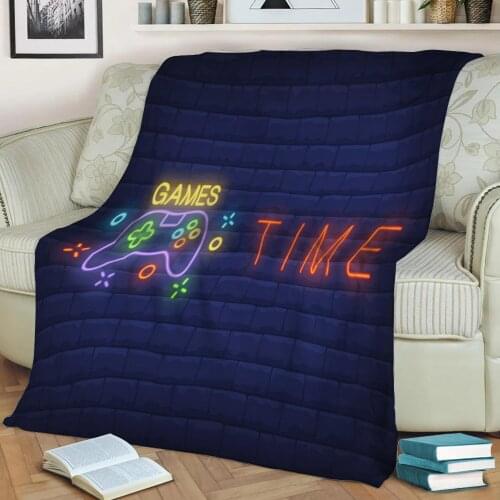 Game Time Neon Gamepad Throw Blanket Print on Sherpa Blankets Soft for Sofa Customized DIY Plush Thin Quilt