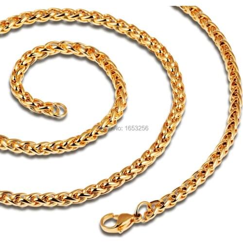 Never Fade 18''-36'' IP Gold 6mm 316L Stainless Steel wheat braid Chain Link Necklaces Fashion Women Men Jewelry