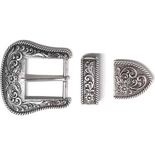 Newest Western Retro Floral Engraved Antique Belt Buckle Set 3pcs Fits 38mm Belt Decor