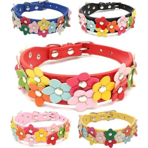 Flower Dog Collar Cute Leather Studded Dogs Necklaces Pet Collars For Small Medium Dogs 8 Colors For Chihuahua