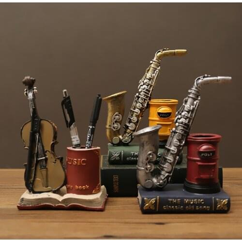 Retro saxophone violin Resin Pen Holder Desk Organizer Vintage Bookends decoration pencil Storage stand Display Stationery